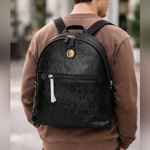 Tommy Hilfiger Black Embossed Backpack | Gold Logo | Zipper Closure | NWT Medium - Picture 3 of 7